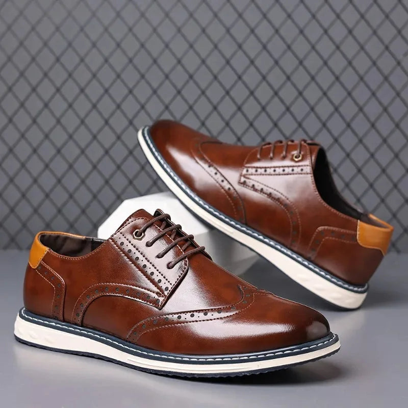Brown Men's Leather Oxford Shoes with Cushioned Sole & Brogue Wingtip Detailing