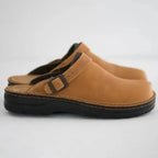 Beige Men's Leather Mules with Adjustable Buckle & Cushioned Footbed — Lincoln - Side Profile Studio