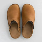 Men's Leather Mules with Adjustable Buckle & Cushioned Footbed - Top Down Tan