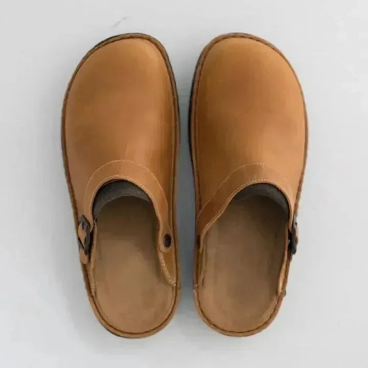 Men's Leather Mules with Adjustable Buckle & Cushioned Footbed - Top Down Tan