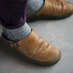 Men's Leather Mules with Adjustable Buckle & Cushioned Footbed - Worn Lifestyle Closeup