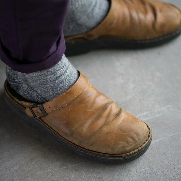 Men's Leather Mules with Adjustable Buckle & Cushioned Footbed - Worn Lifestyle Closeup