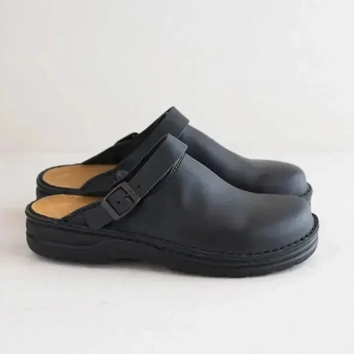 Black Men's Leather Mules with Adjustable Buckle & Cushioned Footbed — Lincoln - Side Pair