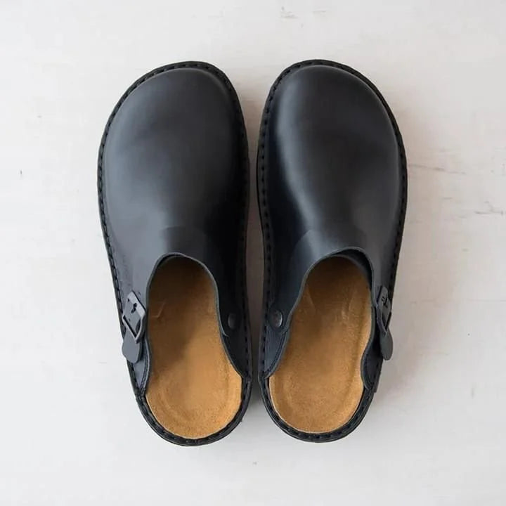 Black Men's Leather Mules with Adjustable Buckle & Cushioned Footbed — Lincoln - Top Down Studio