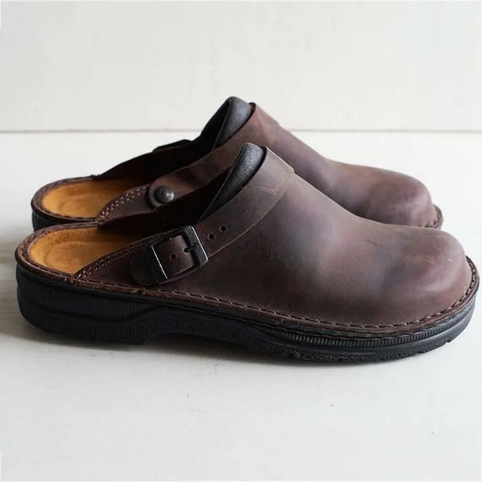 Dark Brown Men's Leather Mules with Adjustable Buckle & Cushioned Footbed — Lincoln - Side Pair Studio