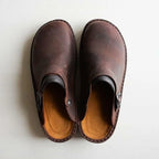Dark Brown Men's Leather Mules with Adjustable Buckle & Cushioned Footbed — Lincoln - Top Down Flat Lay