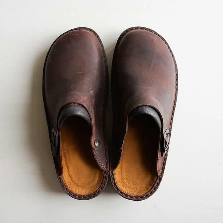 Dark Brown Men's Leather Mules with Adjustable Buckle & Cushioned Footbed — Lincoln - Top Down Flat Lay