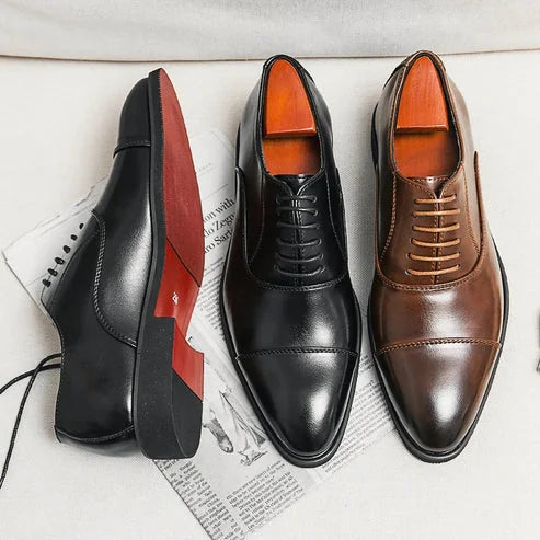 Black Men's Leather Oxford Shoes — Hayden Tailored Cap-Toe Lace-Up - Color Comparison Flat Lay