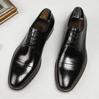 Black Men's Handcrafted Cap-Toe Oxford Shoes — Thomas Leather Brogue Lace-Up - Front Full