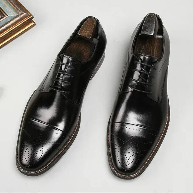 Black Men's Handcrafted Cap-Toe Oxford Shoes — Thomas Leather Brogue Lace-Up - Front Full
