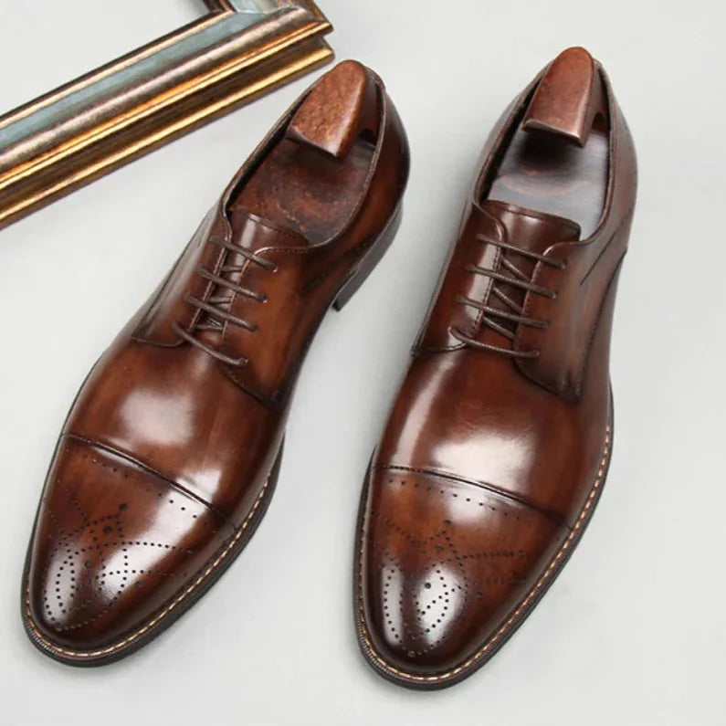 Brown Men's Handcrafted Cap-Toe Oxford Shoes — Thomas Leather Brogue Lace-Up - Flat Lay Top Pair
