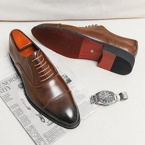 Brown Men's Leather Oxford Shoes — Hayden Tailored Cap-Toe Lace-Up - Flat Lay With Watch