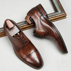 Brown Men's Handcrafted Cap-Toe Oxford Shoes — Thomas Leather Brogue Lace-Up - Side Sole Detail