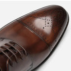 Brown Men's Handcrafted Cap-Toe Oxford Shoes — Thomas Leather Brogue Lace-Up - Toe Detail Closeup