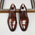 Brown Men's Handcrafted Cap-Toe Oxford Shoes — Thomas Leather Brogue Lace-Up - Top View Pair