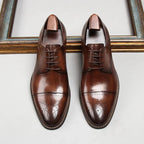 Brown Men's Handcrafted Cap-Toe Oxford Shoes — Thomas Leather Brogue Lace-Up - Top View Pair