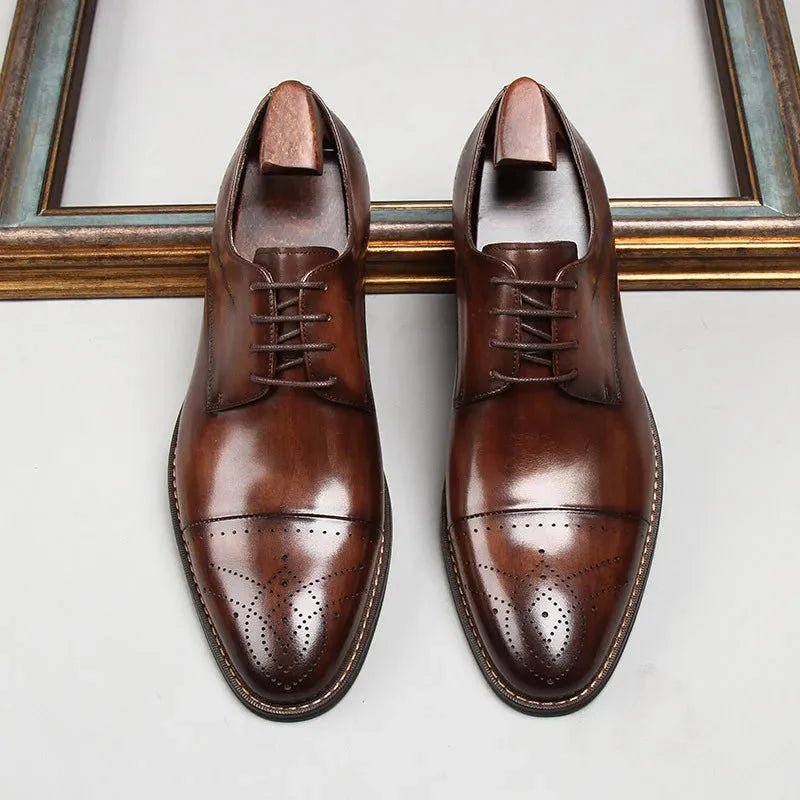 Brown Men's Handcrafted Cap-Toe Oxford Shoes — Thomas Leather Brogue Lace-Up - Top View Pair