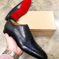 Navy Blue Blue Men's Leather Oxford Shoes — Hayden Tailored Cap-Toe Lace-Up - Hand Holding Pair