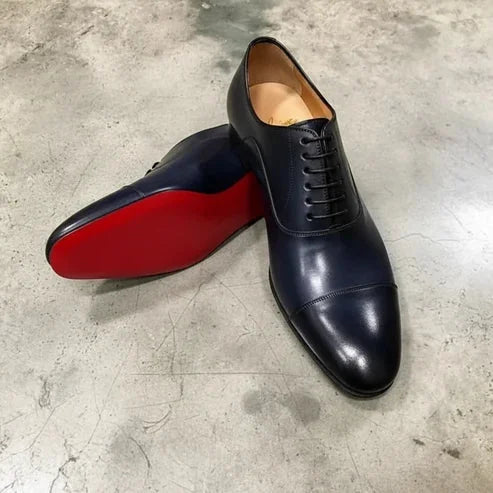 Navy Blue Men's Leather Oxford Shoes — Hayden Tailored Cap-Toe Lace-Up - Pair On Floor