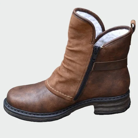 Brown Women's Leather Country Boots with Side Zipper & Fur Lining - Side Profile