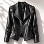 Black Women's Leather Jacket with Tailored Waist & Asymmetric Zip — Finley