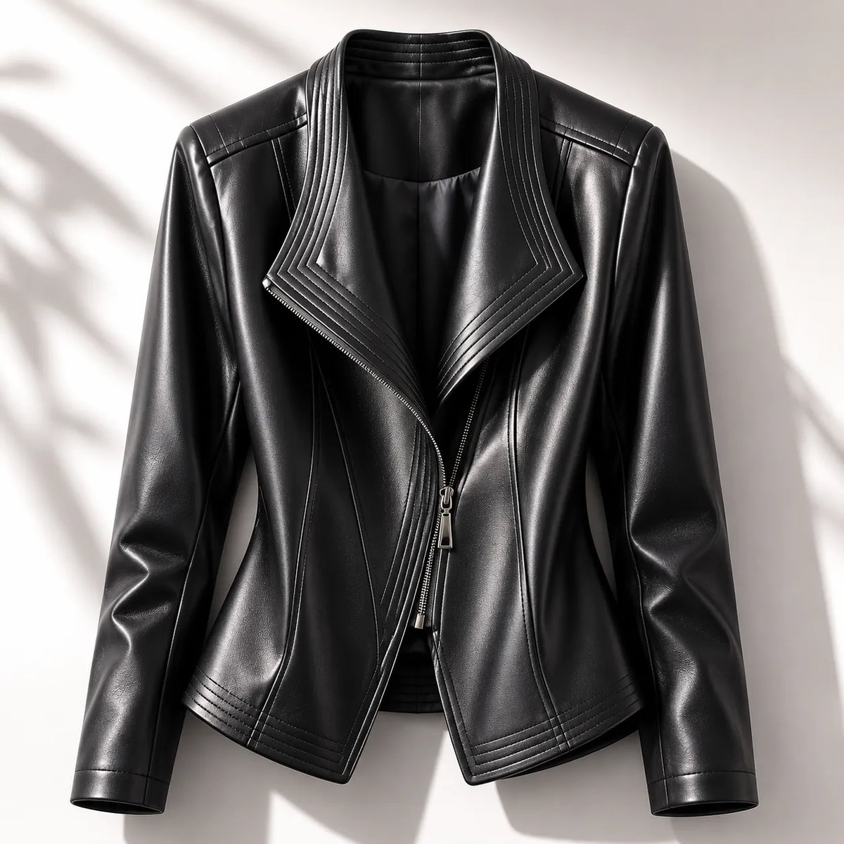 Black Women's Leather Jacket with Tailored Waist & Asymmetric Zip — Finley