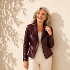 Burgundy Women's Leather Jacket with Tailored Waist & Asymmetric Zip — Finley - Worn Lifestyle Standing