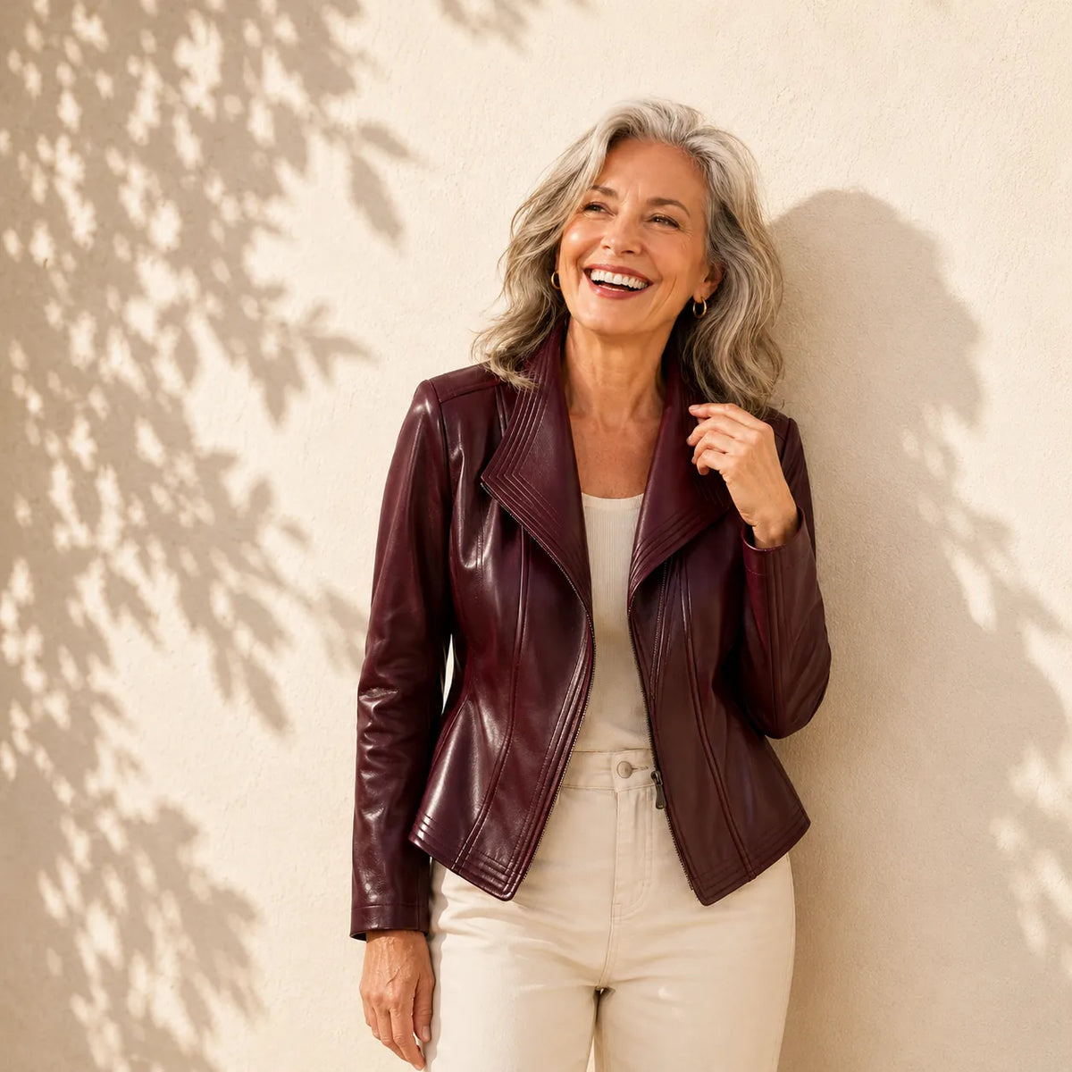 Burgundy Women's Leather Jacket with Tailored Waist & Asymmetric Zip — Finley - Worn Lifestyle Standing