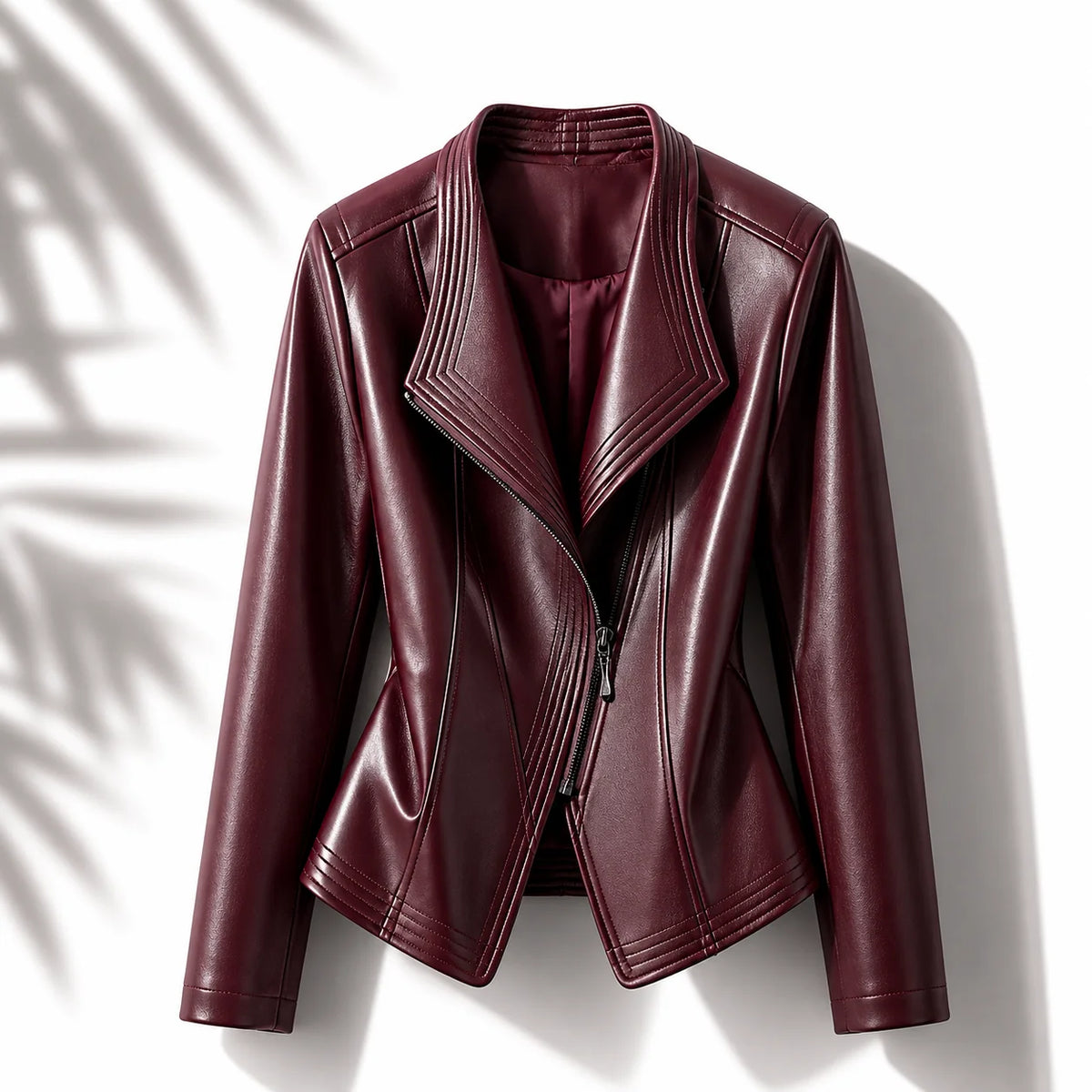 Burgundy Women's Leather Jacket with Tailored Waist & Asymmetric Zip — Finley