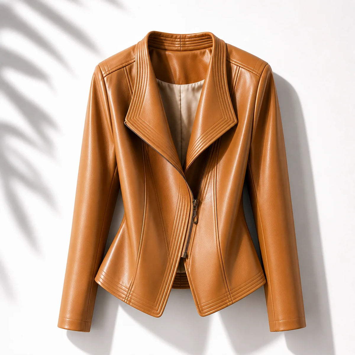Caramel Women's Leather Jacket with Tailored Waist & Asymmetric Zip — Finley