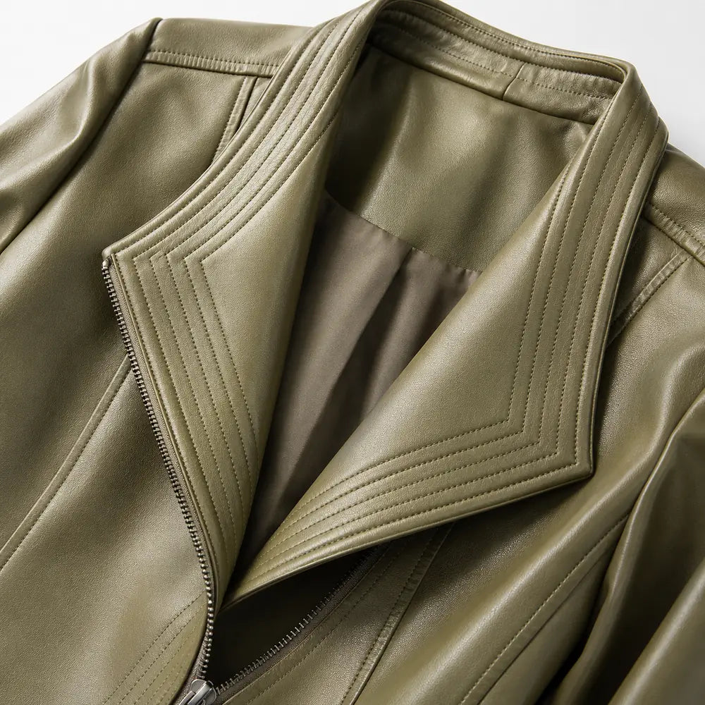 Green Women's Leather Jacket with Tailored Waist & Asymmetric Zip — Finley - Collar Close Up