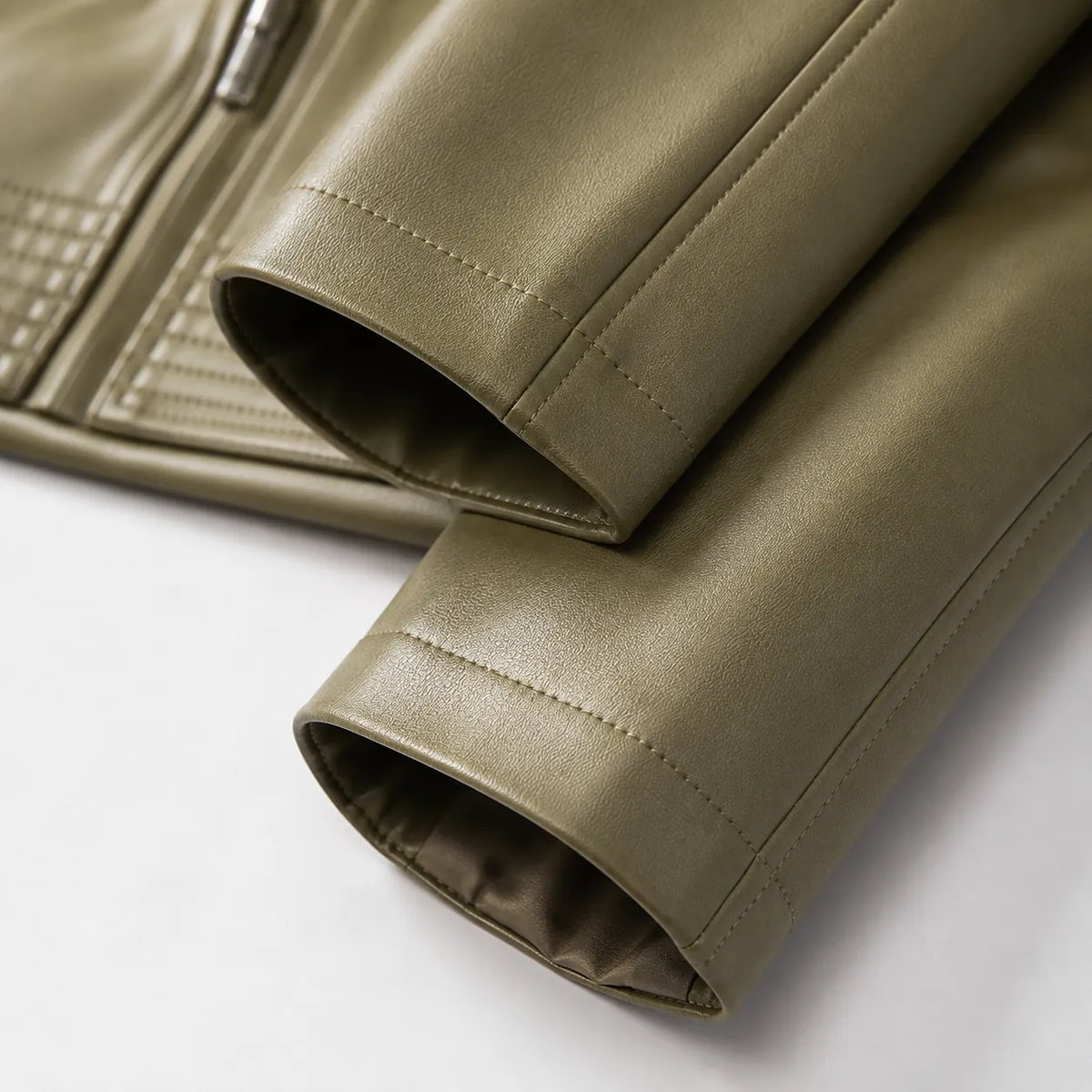 Green Women's Leather Jacket with Tailored Waist & Asymmetric Zip — Finley - Cuff Detail