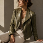Green Women's Leather Jacket with Tailored Waist & Asymmetric Zip — Finley - Worn Lifestyle Seated