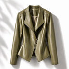 Green Women's Leather Jacket with Tailored Waist & Asymmetric Zip — Finley