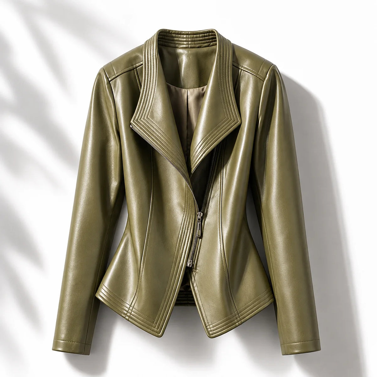 Green Women's Leather Jacket with Tailored Waist & Asymmetric Zip — Finley