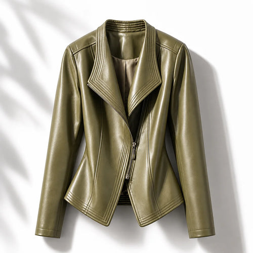 Green Women's Leather Jacket with Tailored Waist & Asymmetric Zip — Finley