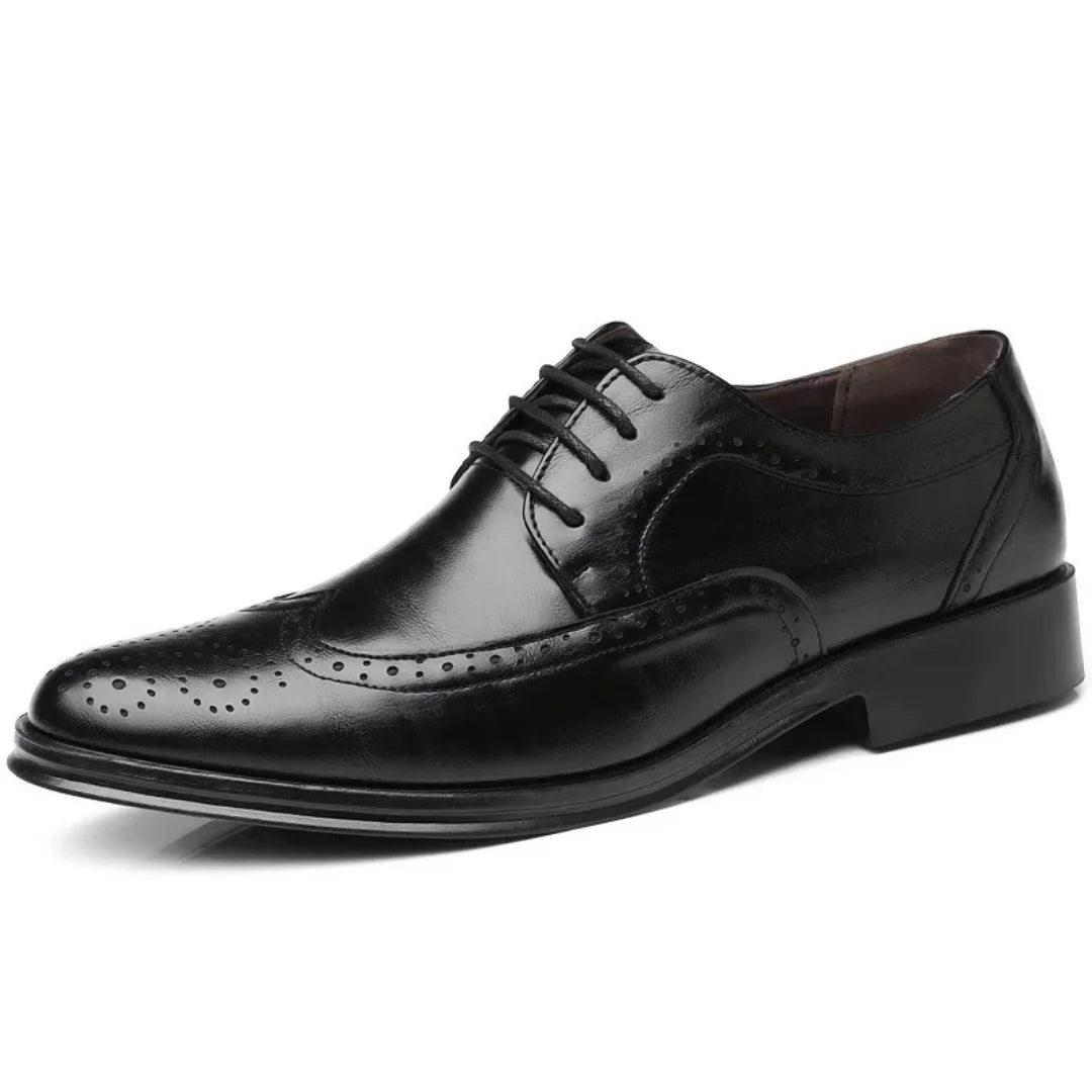 Black Men's Leather Oxford Shoes — Ronan Cushioned Wingtip Brogue - Angled Profile Single