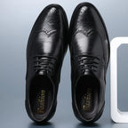 Black Men's Leather Oxford Shoes — Ronan Cushioned Wingtip Brogue - Top View Pair