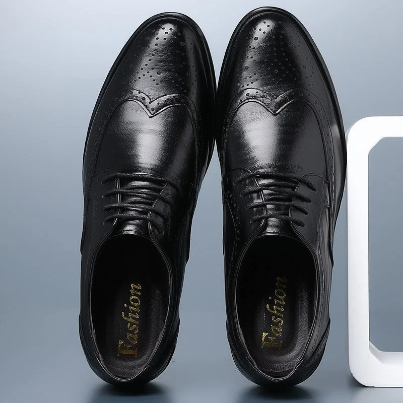 Black Men's Leather Oxford Shoes — Ronan Cushioned Wingtip Brogue - Top View Pair