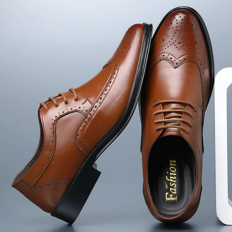 Brown Men's Leather Oxford Shoes — Ronan Cushioned Wingtip Brogue - Side Stacked Pair
