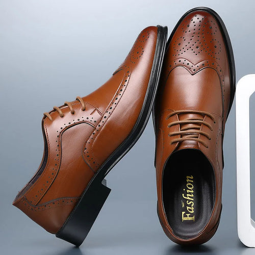 Brown Men's Leather Oxford Shoes — Ronan Cushioned Wingtip Brogue - Side Stacked Pair