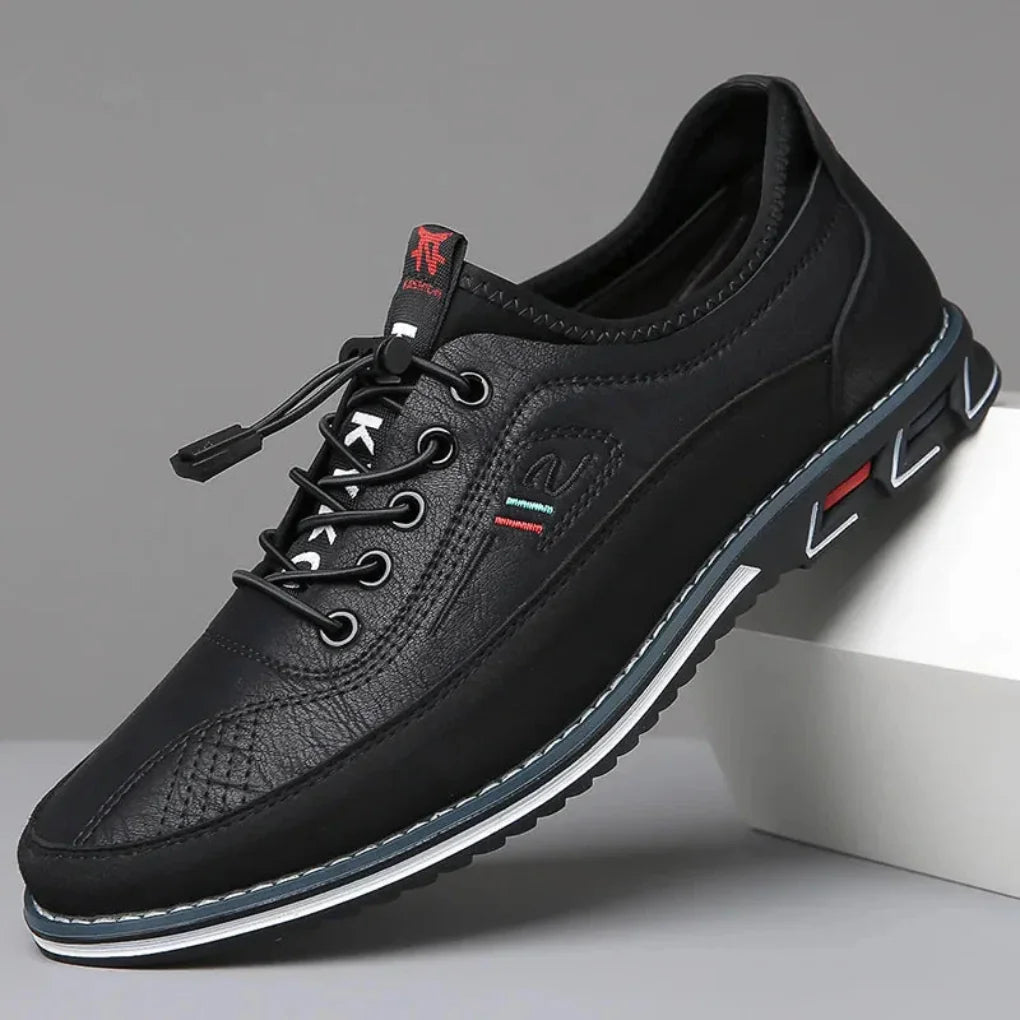 Black Men's Leather Oxford Shoes — Alfie Lace-Up Cushioned Slip-Resistant - Side Profile
