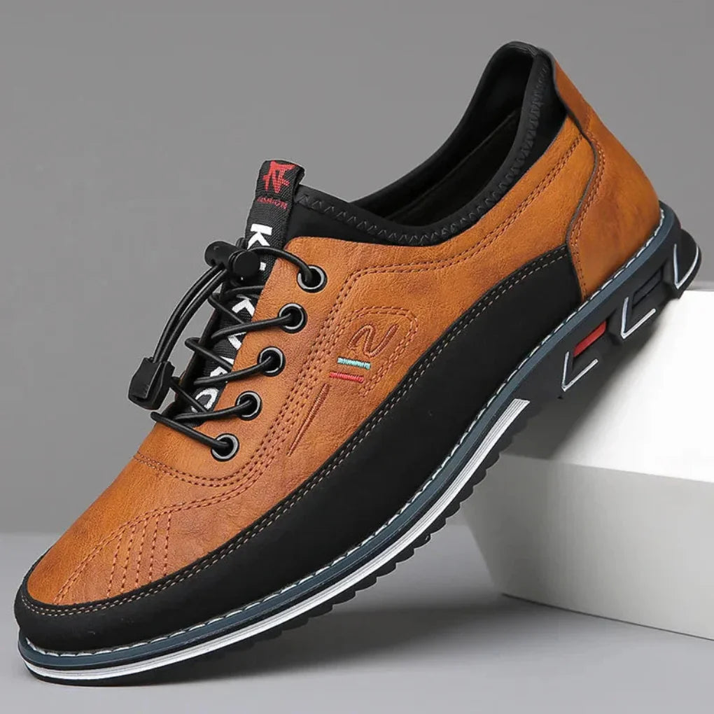 Brown Men's Leather Oxford Shoes — Alfie Lace-Up Cushioned Slip-Resistant - Side Profile Lace Detail