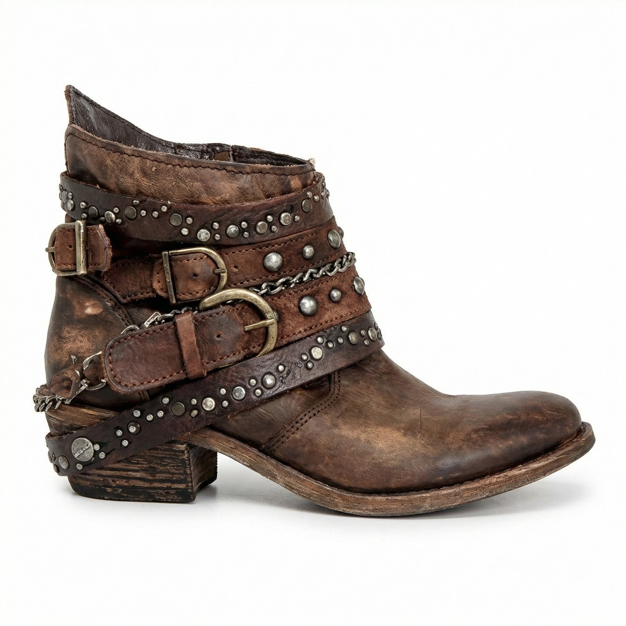 Women's Vintage Chain Boots with Studded Straps & Buckle Detail — Kate