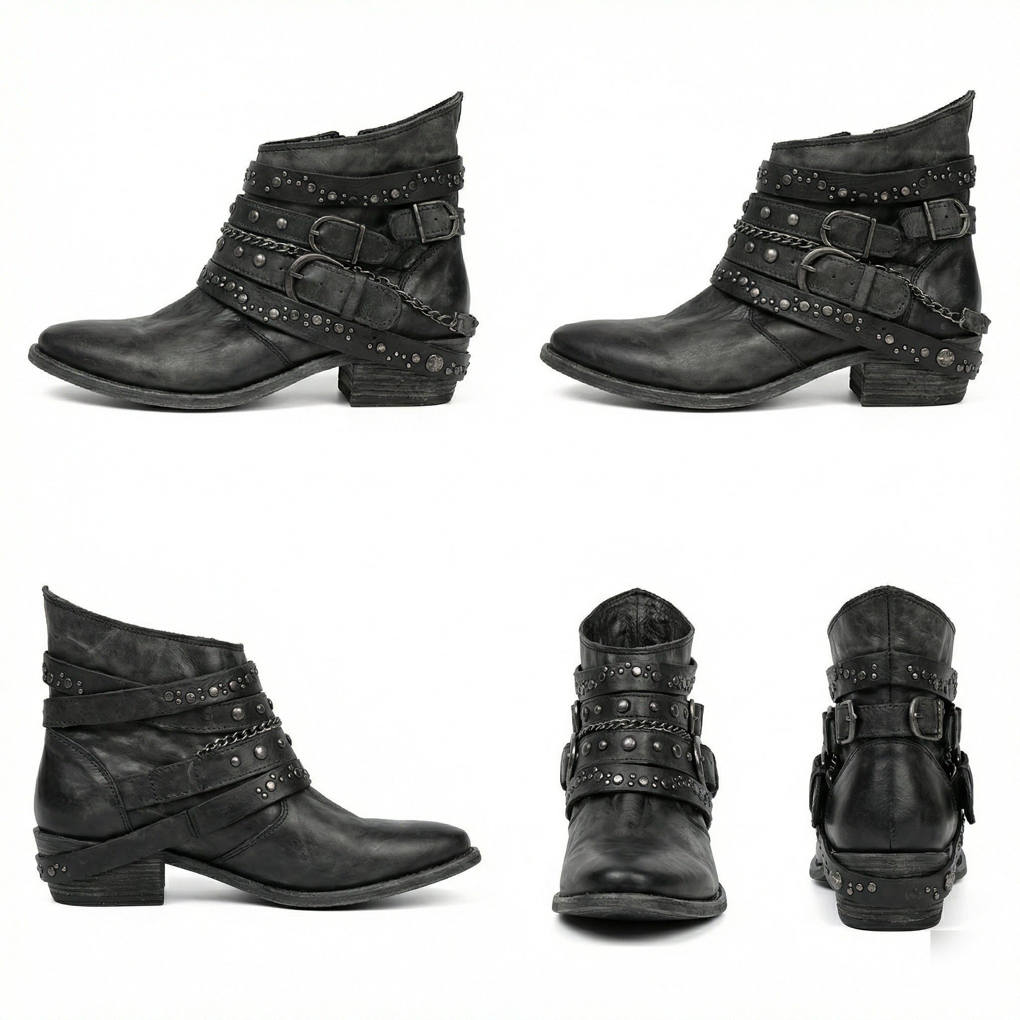 Women's Vintage Chain Boots with Studded Straps & Buckle Detail — Kate