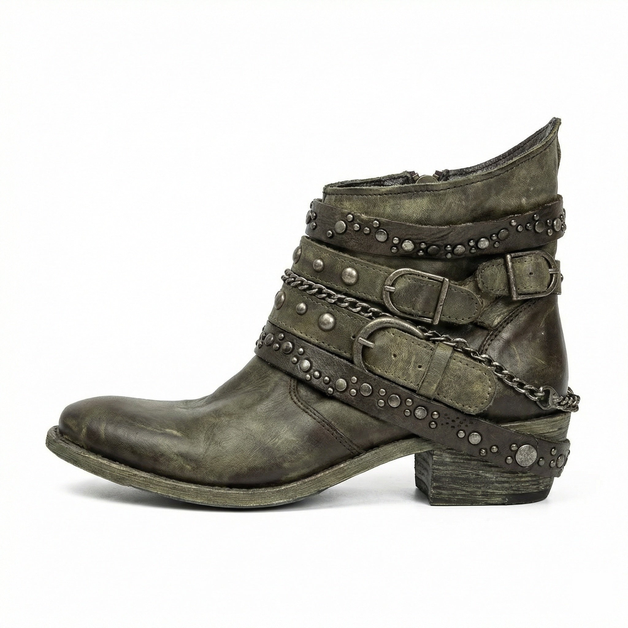 Women's Vintage Chain Boots with Studded Straps & Buckle Detail — Kate
