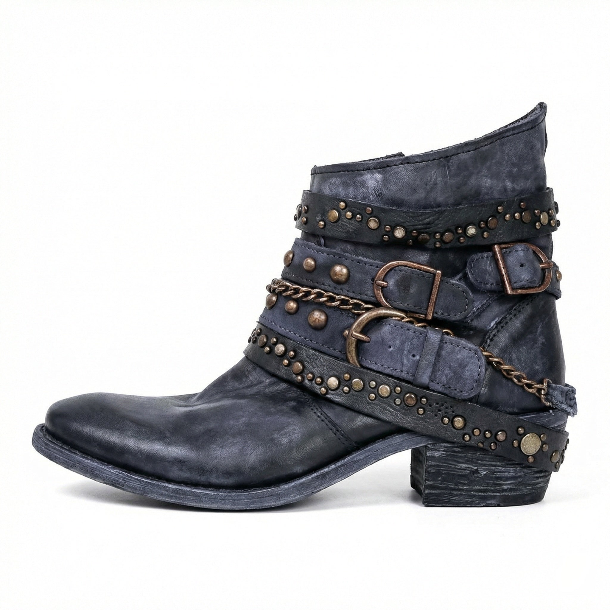 Women's Vintage Chain Boots with Studded Straps & Buckle Detail — Kate
