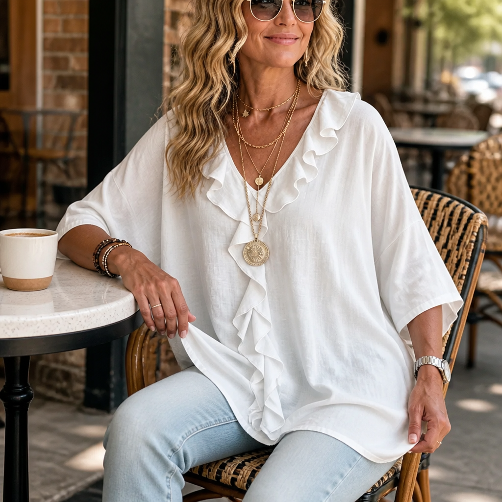 Women's Ruffle Loose Fit Blouse with V-Neck & Three-Quarter Sleeves — Bess