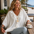 Women's Ruffle Loose Fit Blouse with V-Neck & Three-Quarter Sleeves — Bess