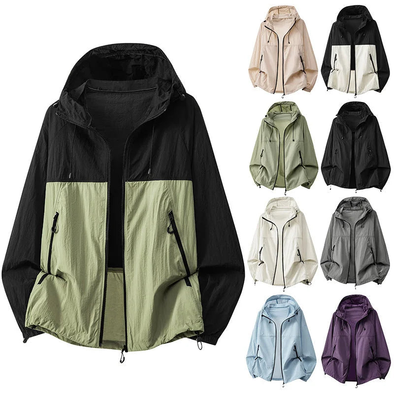 Black Green Men's Lightweight Hooded Jacket with Zip Pockets & Drawstring Hem - Front Pose